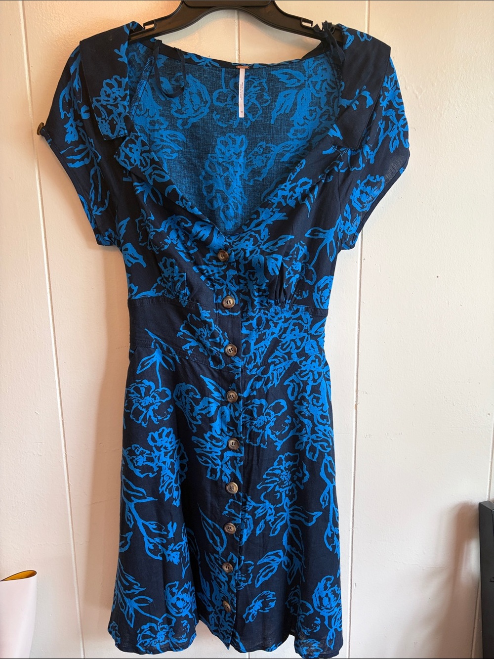 Free People Black and Blue Floral Button-Front Mini Dress